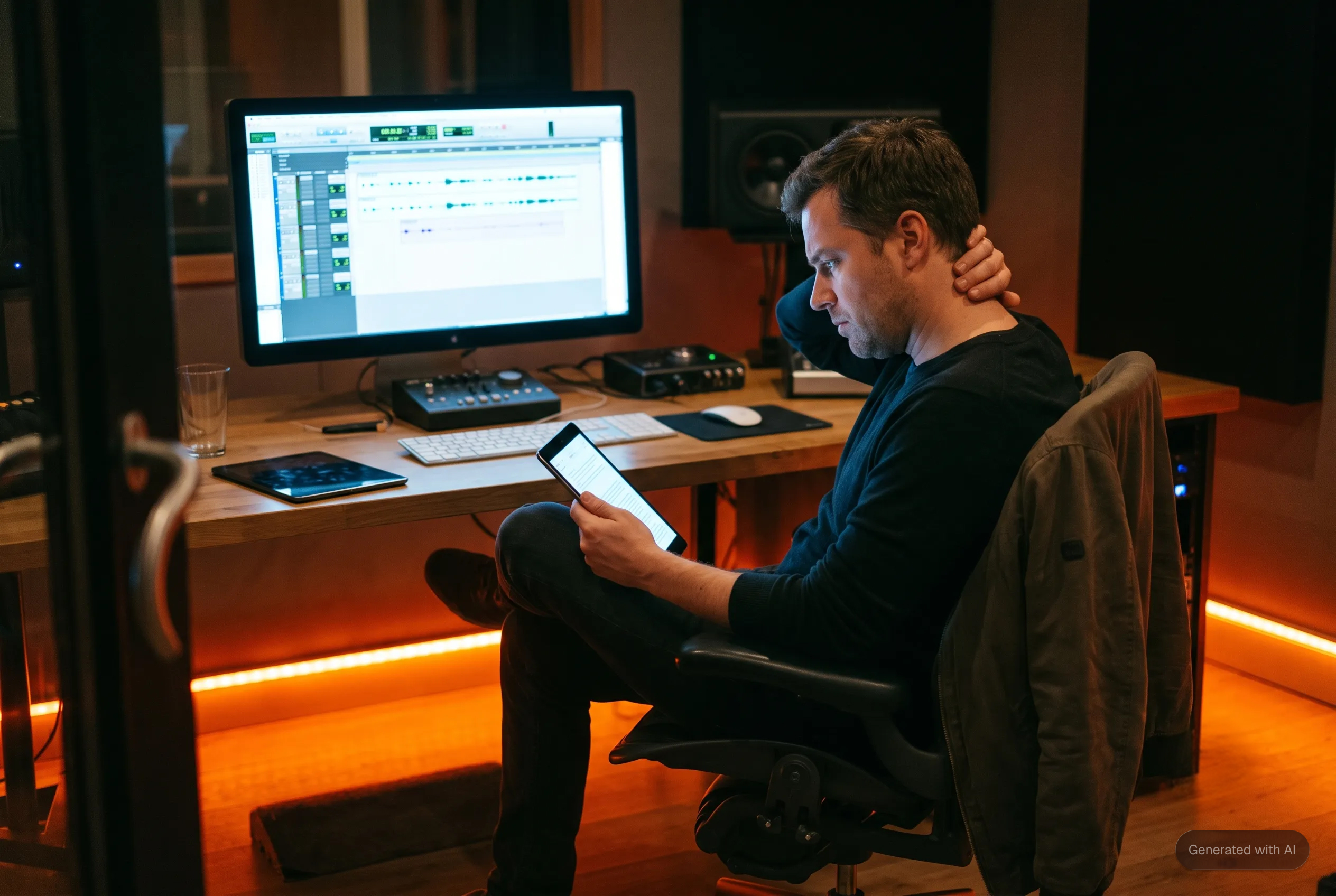 Audio engineer at a dark studio desk reading a tablet next to a monitor running a Pro Tools session. AI-generated illustration.